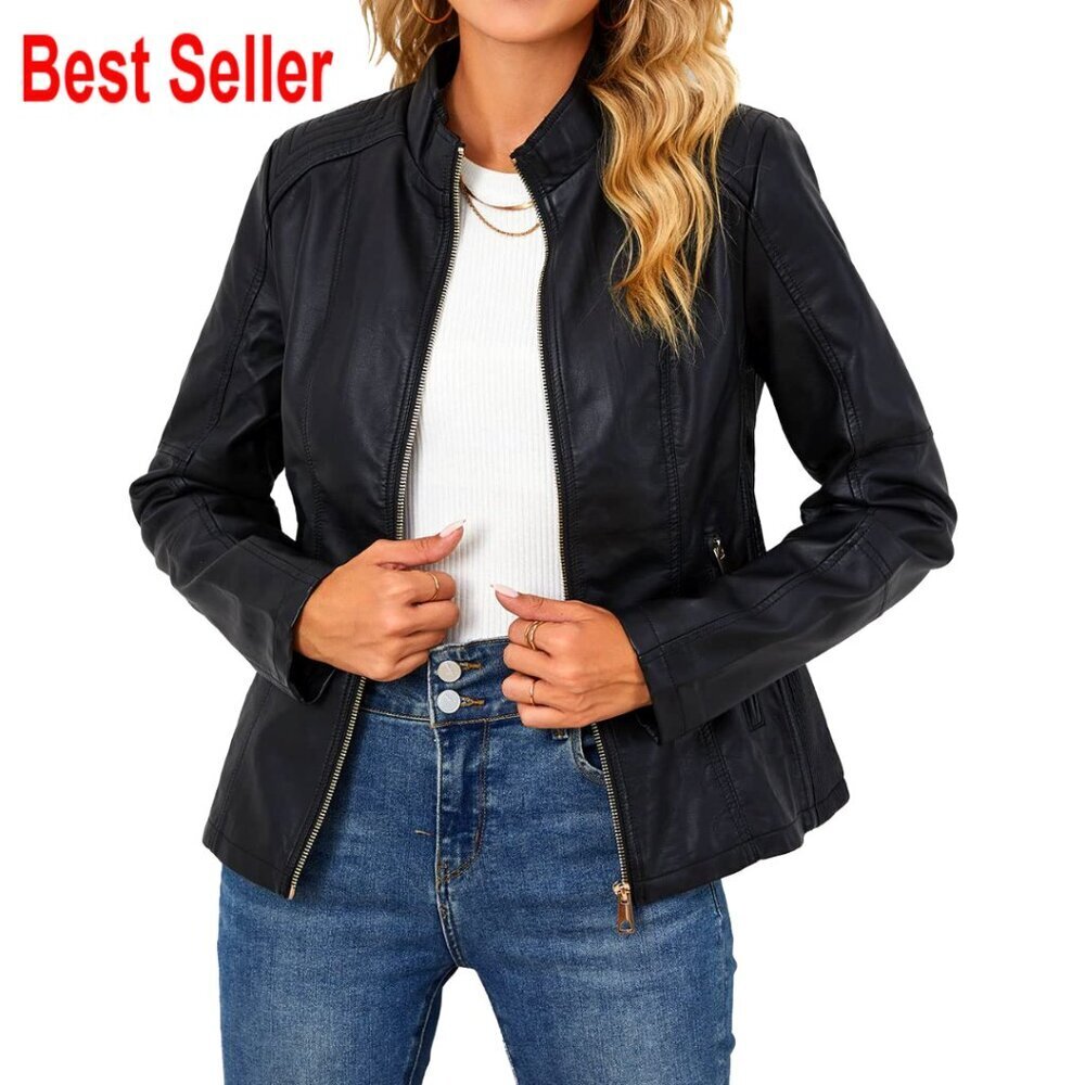 Faux Leather Motorcycle Jacket Bomber Zipper Pockets Lightweight